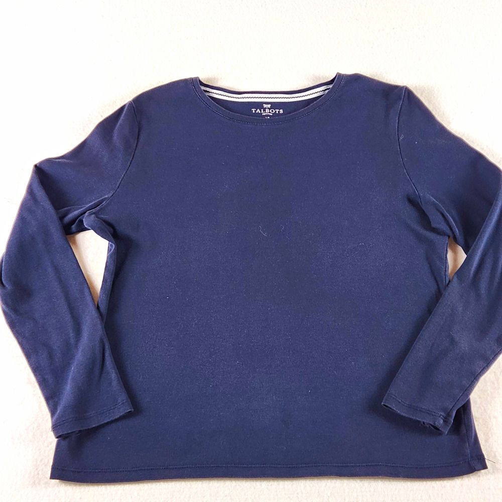 Talbots Petites PL Navy 100% Pima Cotton Knit Round Neck Long Sleeve T-Shirt
